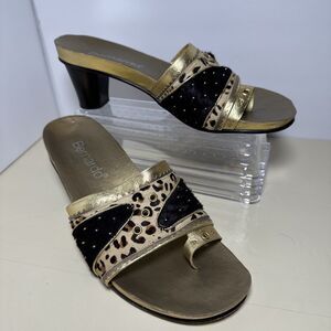 Bernardo Slip On Sandal Heels Gold Calf Hair Animal Print Size 9 Made in Brazil